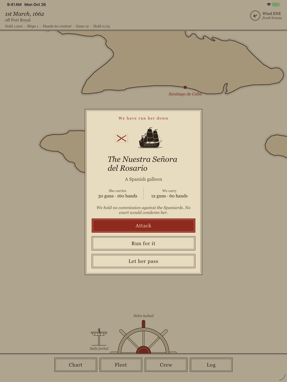 Age of Pirates on iPad: a Spanish galleon, the Nuestra Señora del Rosario, run down off Jamaica, with the choice to attack, run or let her pass.