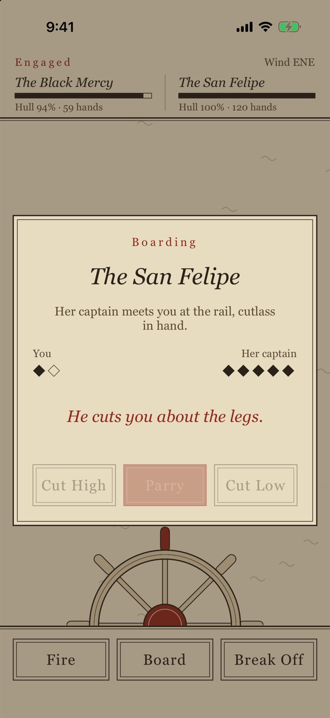 Boarding on iPhone: a sword fight with the San Felipe's captain, with Cut High, Parry and Cut Low.