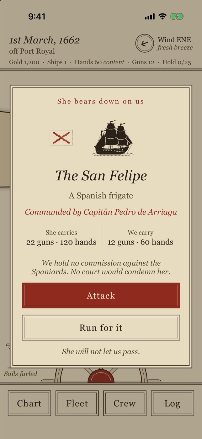 An encounter card on iPhone: the Spanish frigate San Felipe, commanded by Capitán Pedro de Arriaga, 22 guns and 120 hands, bears down on us.