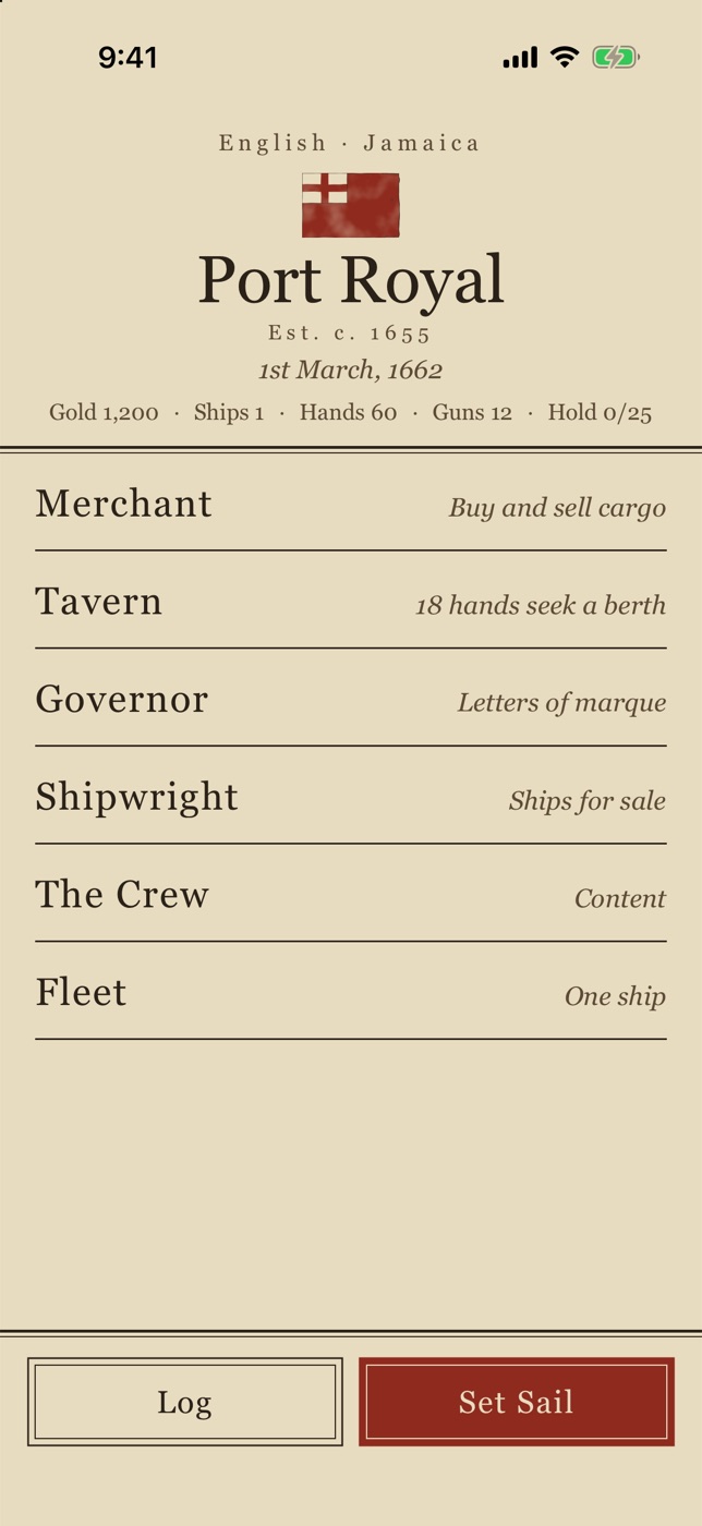Port Royal on iPhone: the merchant, tavern, governor, shipwright, crew and fleet.