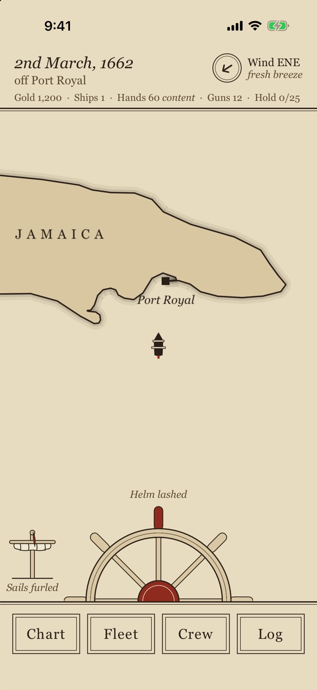 At sea on iPhone, off Port Royal: the chart of Jamaica, the wind dial, and the ship's wheel at the foot of the screen.