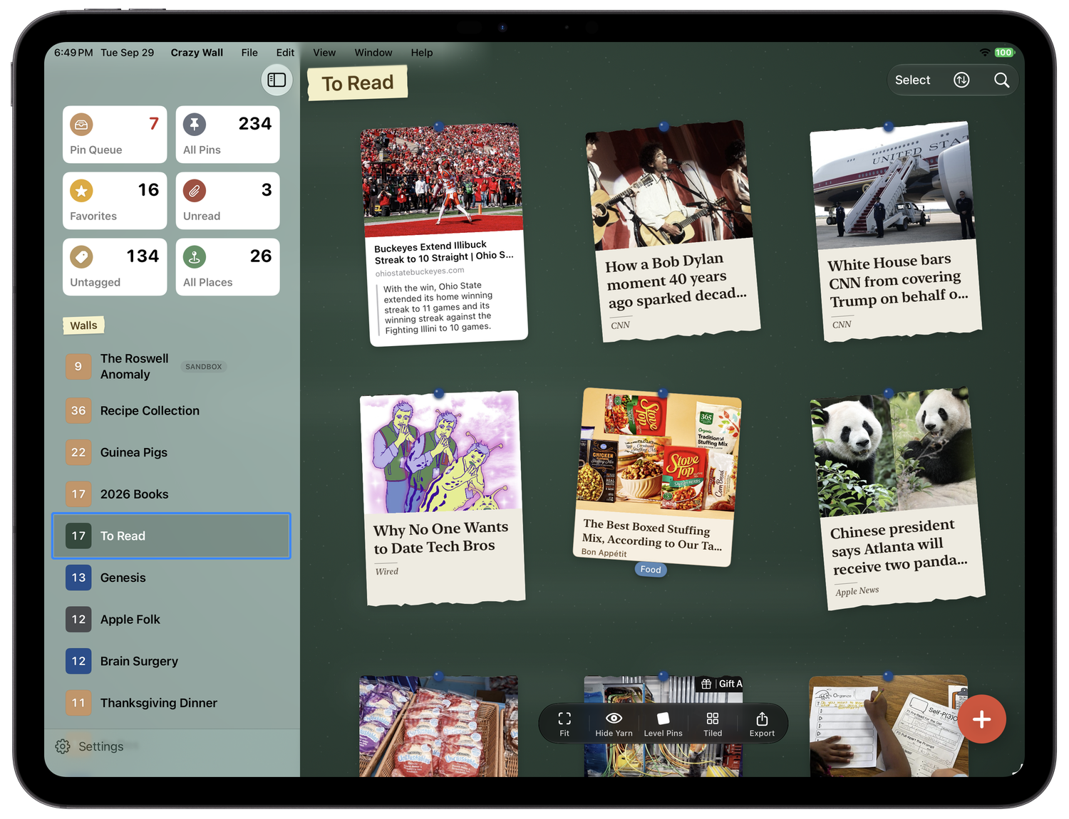 A To Read wall on iPad: news stories pinned as clippings across a blackboard, with a sidebar of walls.