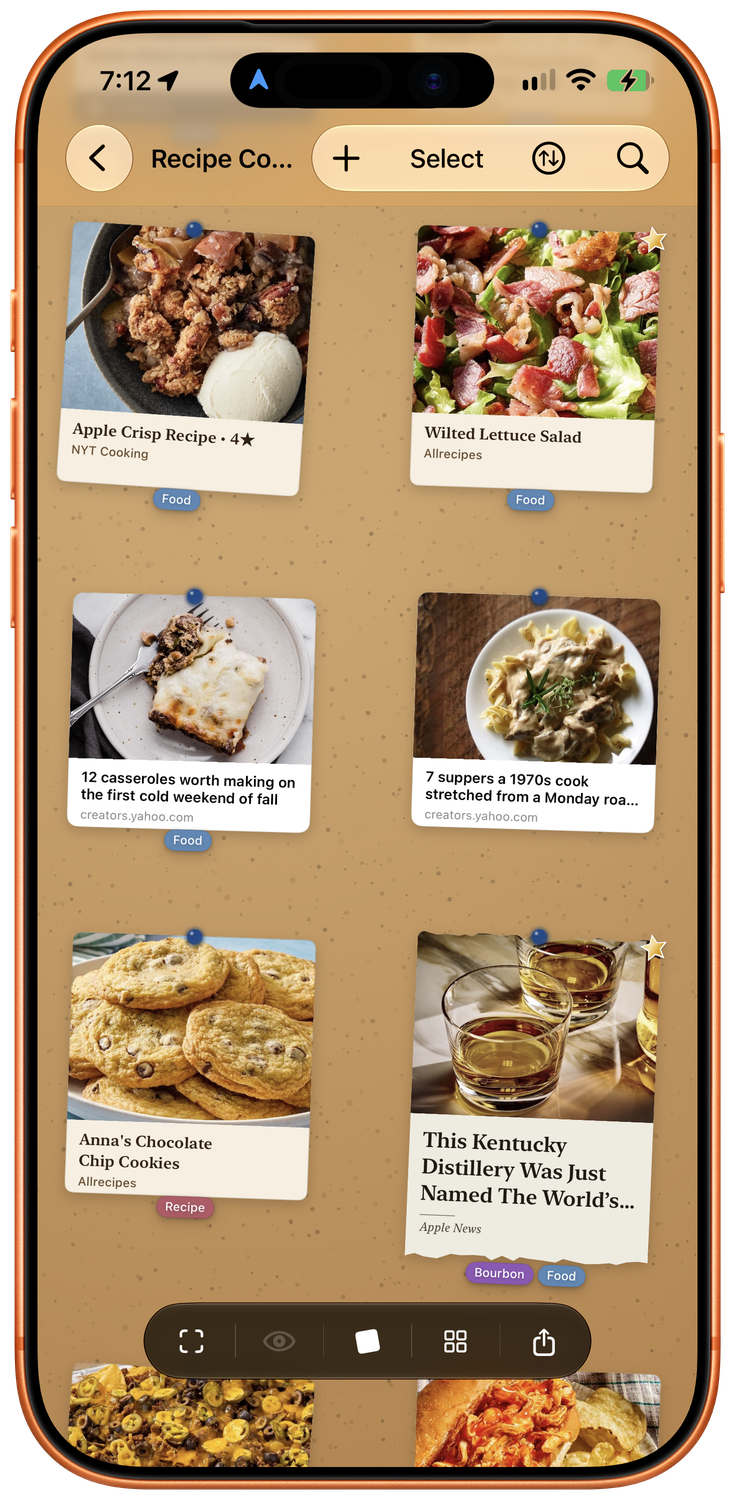 The same Recipe Collection wall on iPhone: recipe cards pinned down a cork board.
