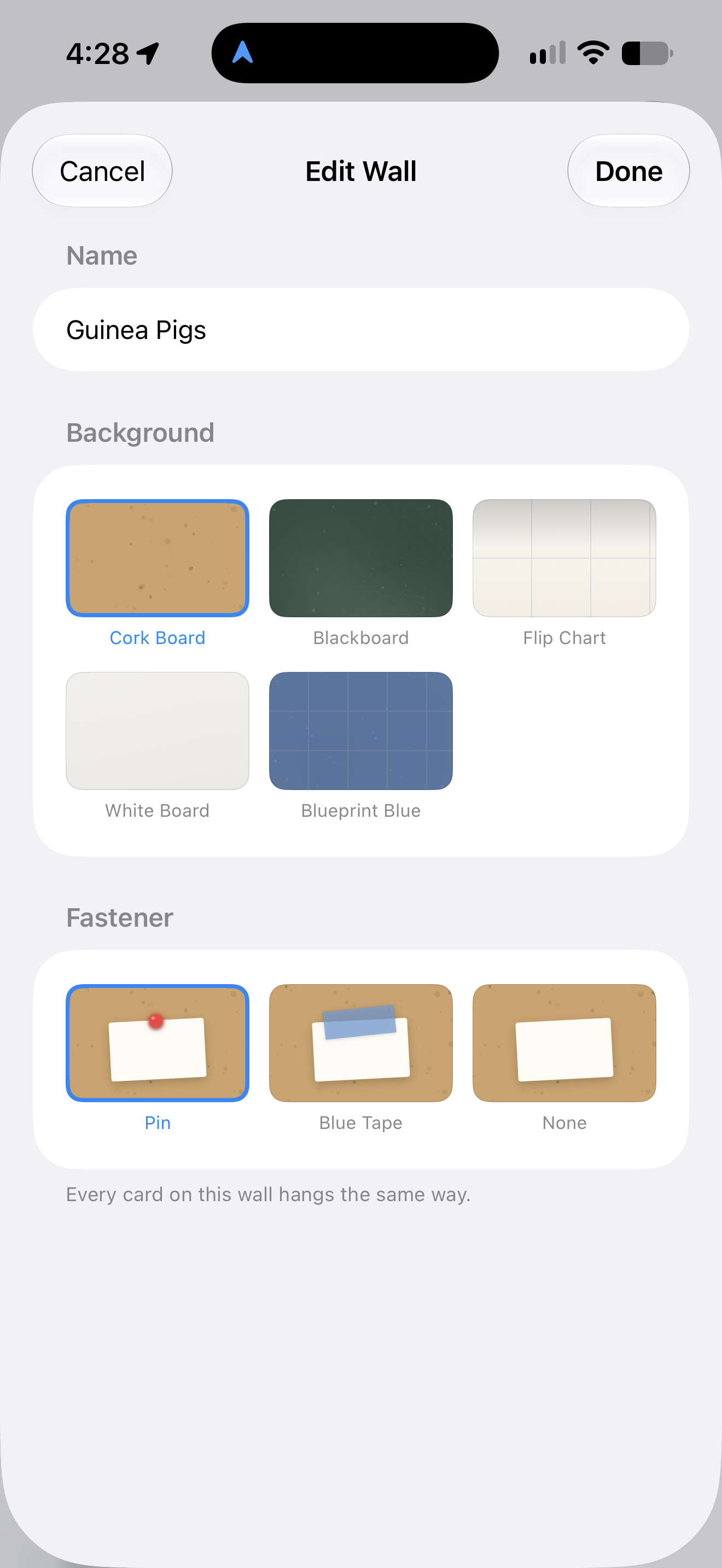 Editing a wall on iPhone: choose a cork board, blackboard, flip chart, white board or blueprint background, and a pin, tape or no fastener.