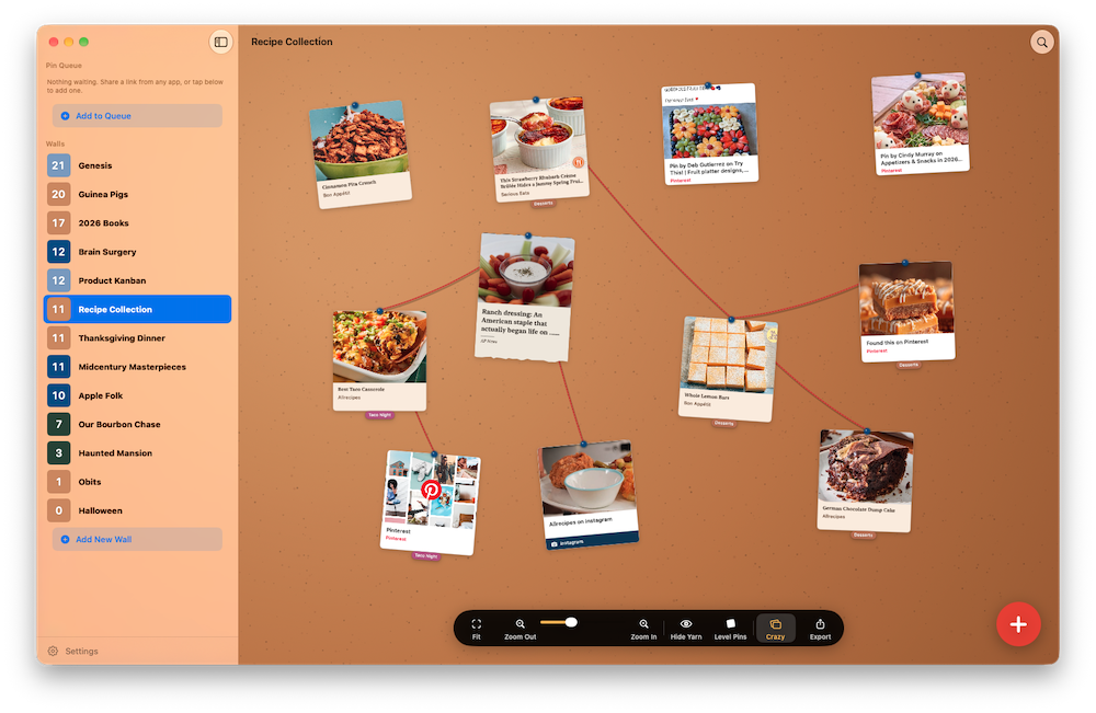 Crazy Wall on Mac: a Recipe Collection wall on blackboard, with recipe cards tied together by red yarn and a sidebar of walls.